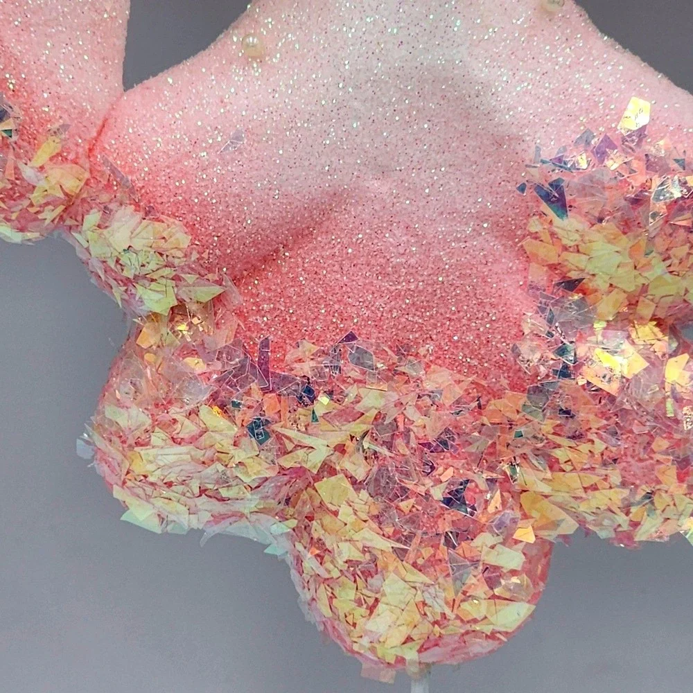 Pink Ombre Foam Snowflake Tree Topper Iridescent Glitter Pearl Whimsical 15 in